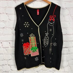 Vintage Christmas Vest Womens size XL 16-18 Black Button Front Cardigan Holiday